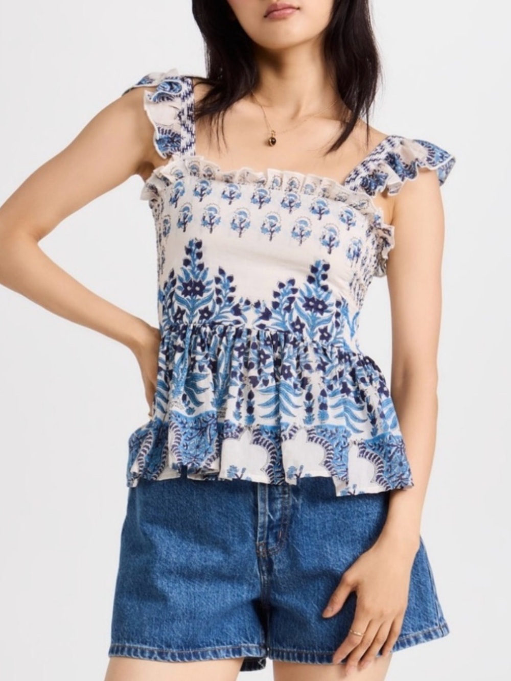 BELL by Alicia Bell Blue White Siena Ruffle Tank Smocked Flutter Strap Floral XS